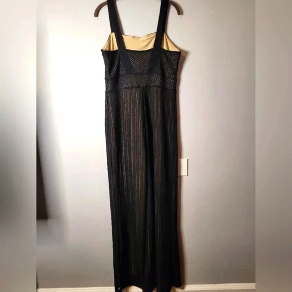 VENUS women's black open knit nude lined crochet lace wide leg jumpsuit, size L - Picture 12 of 12